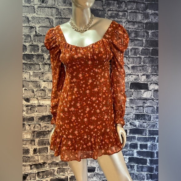 Rust Floral Print Long Sleeve Babydoll Dress - Picture 4 of 8